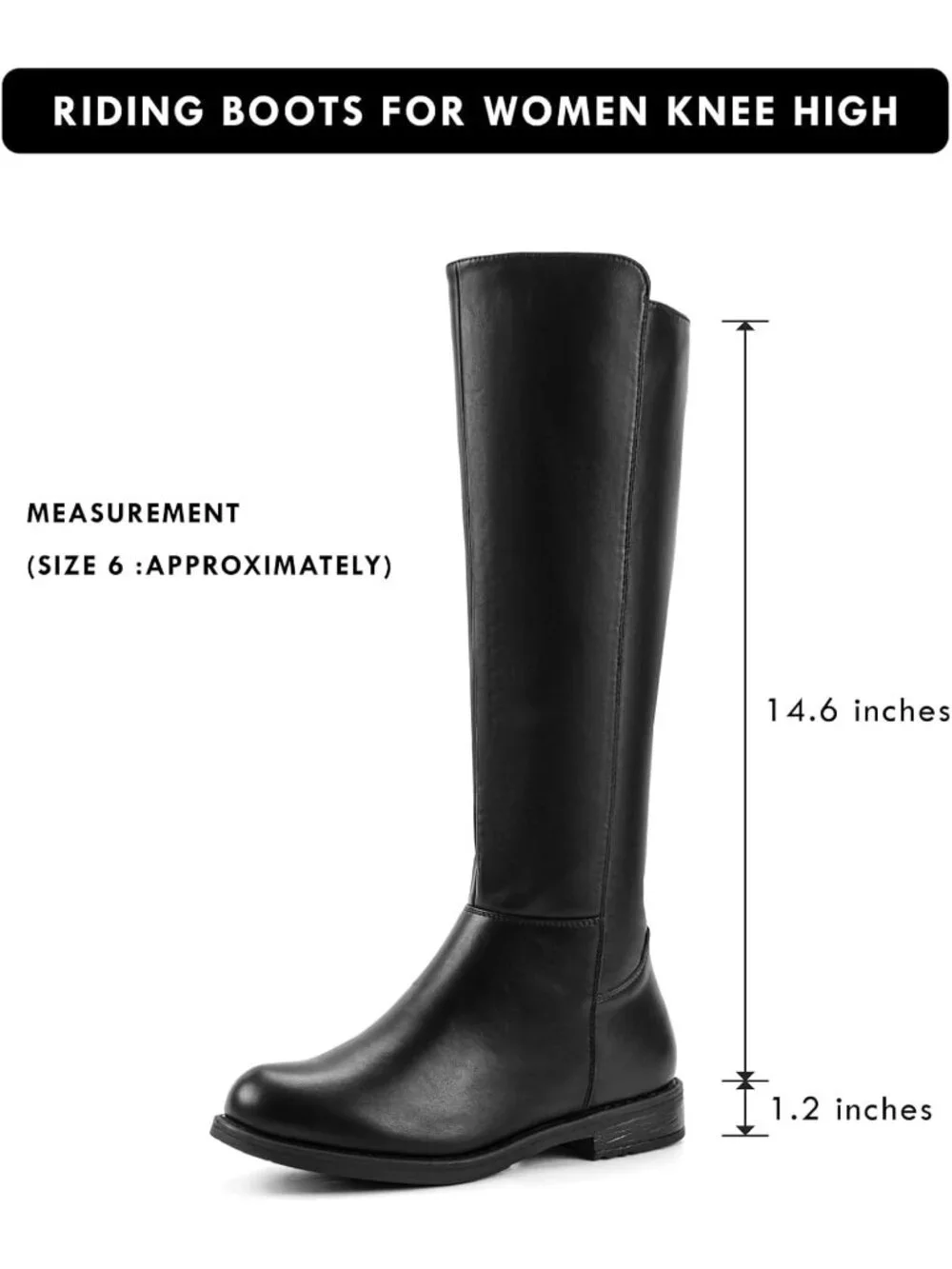 Women's Black pu Knee High Boots Flat Low Heel with Side Zipper